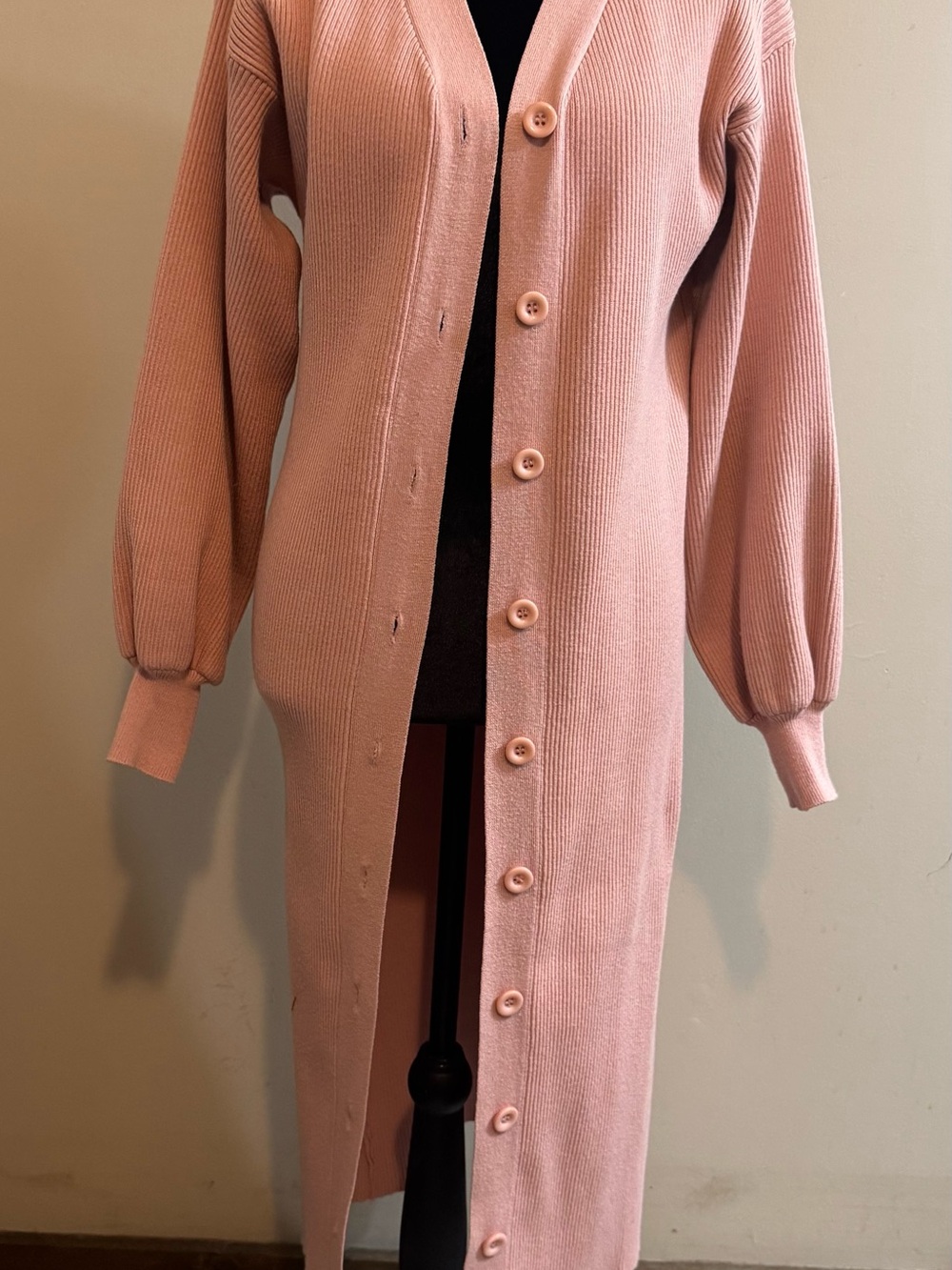Long Pink Button-Front Ribbed Sweater Cardigan